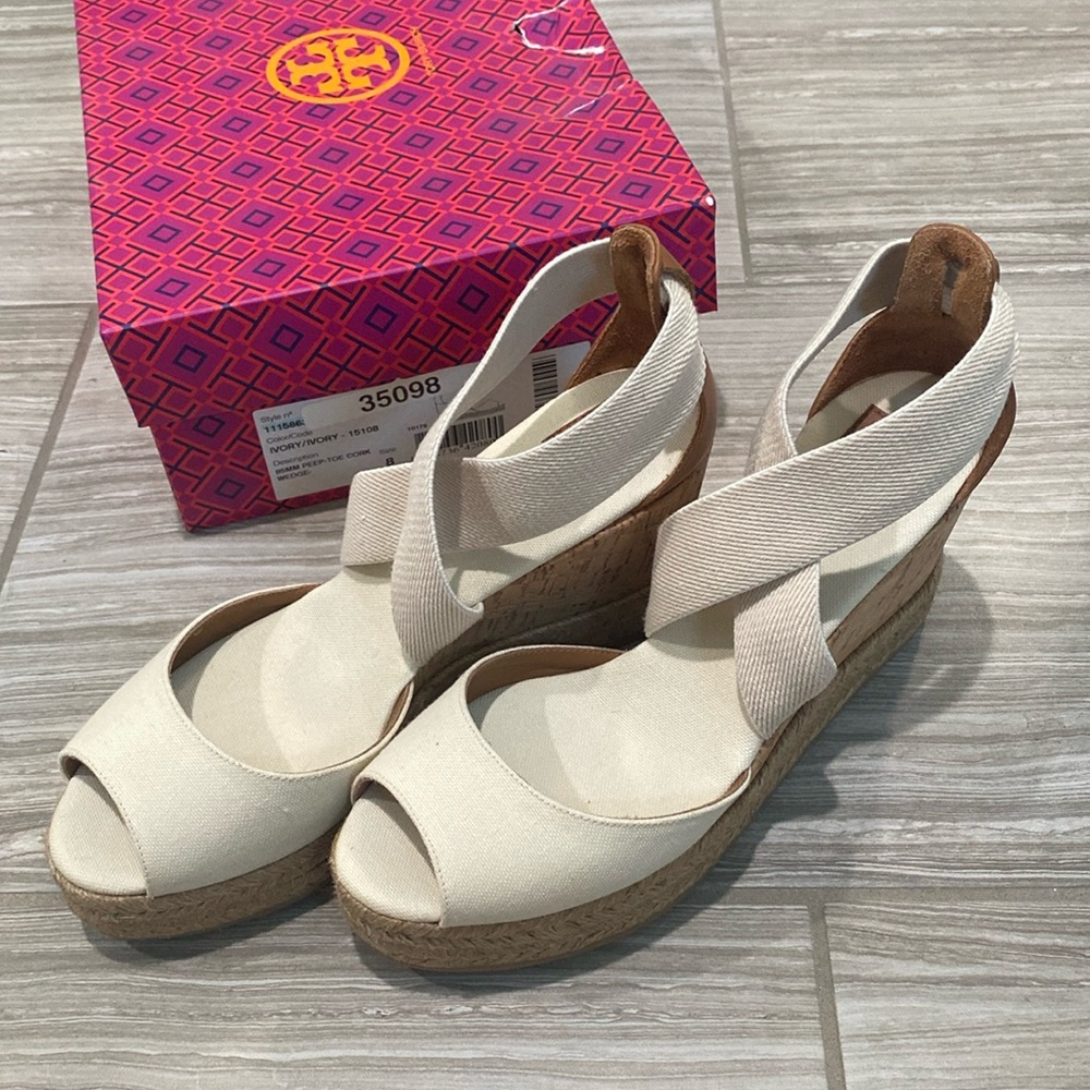 Tory Burch peep toe cork wedge heels ivory NIB espadrille